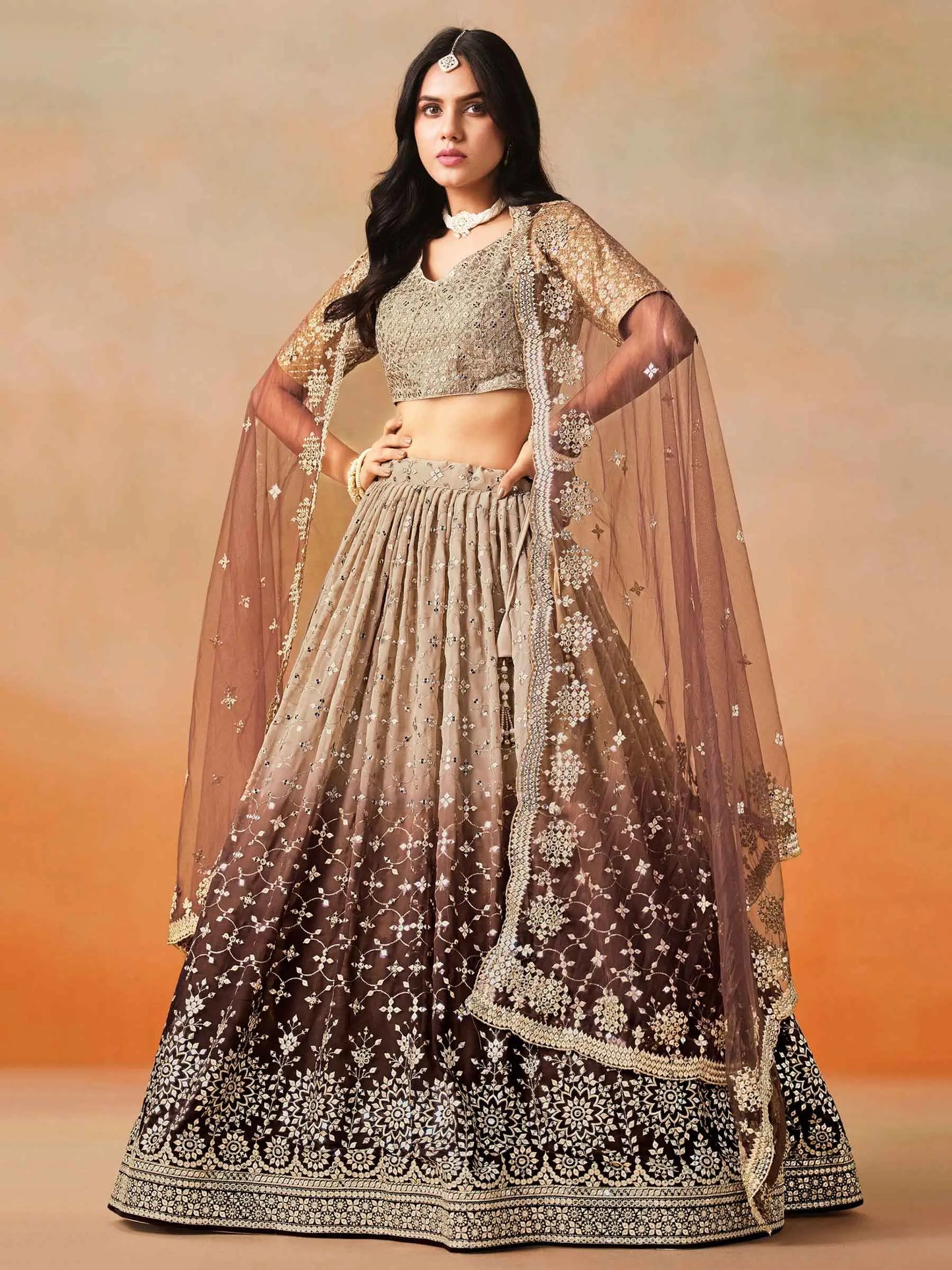 Beige To Brown Gradient Georgette Lehenga With Zari Sequins Embroidery Work