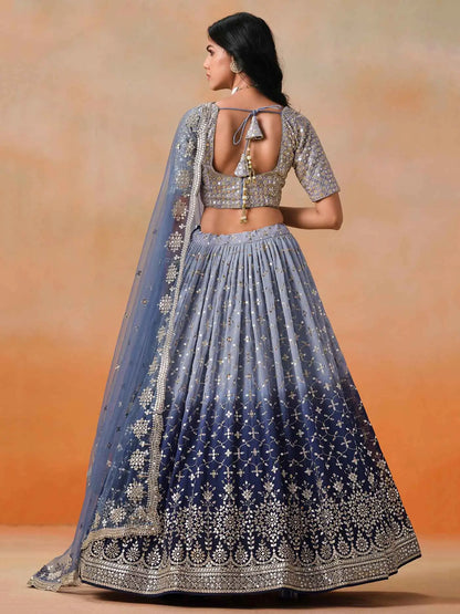 Navy Blue Gradient Georgette Lehenga With Zari Sequins Embroidery Work