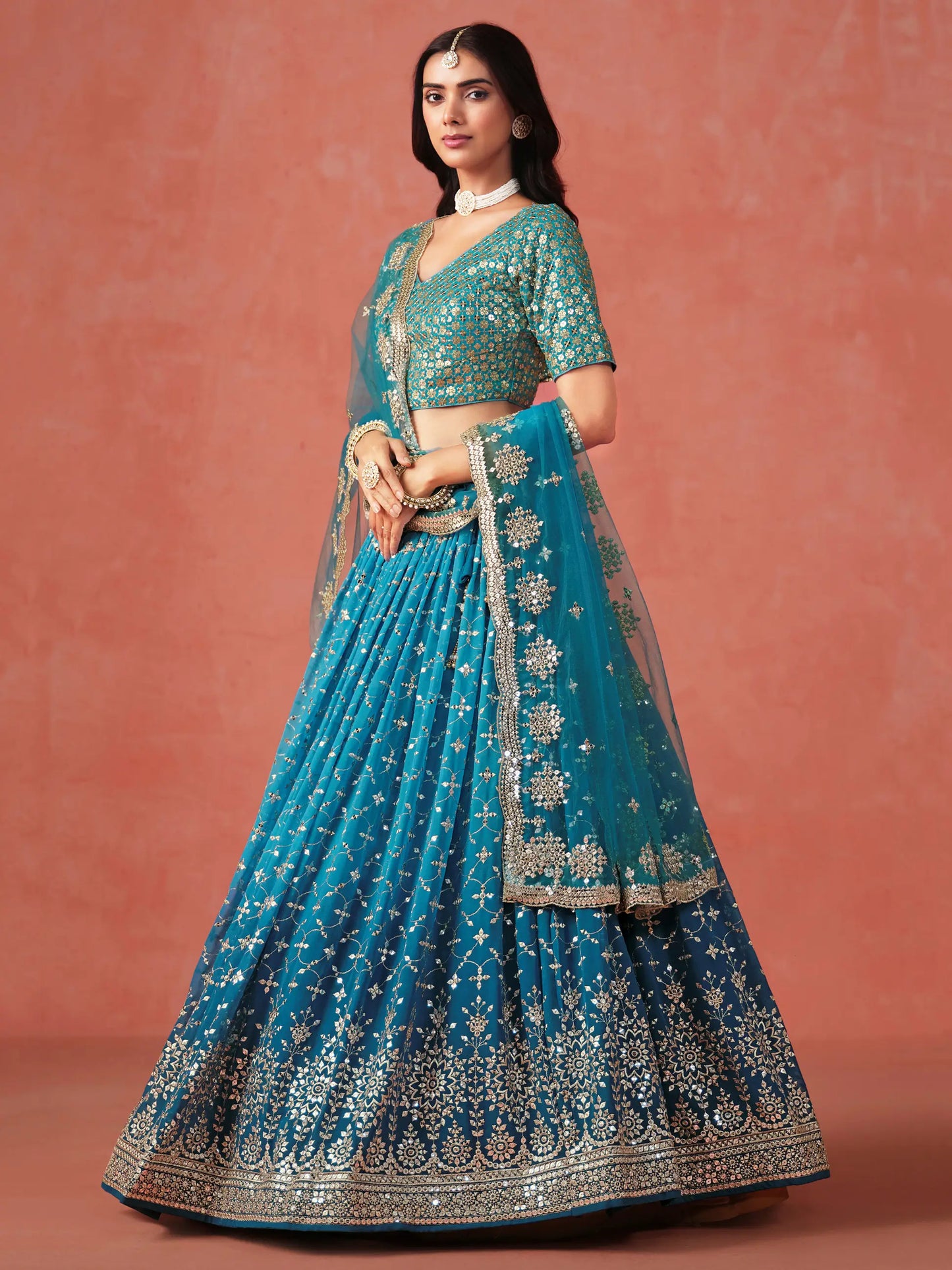 Rama Blue Georgette Lehenga With Zari Multiple Sequins Embroidery Work