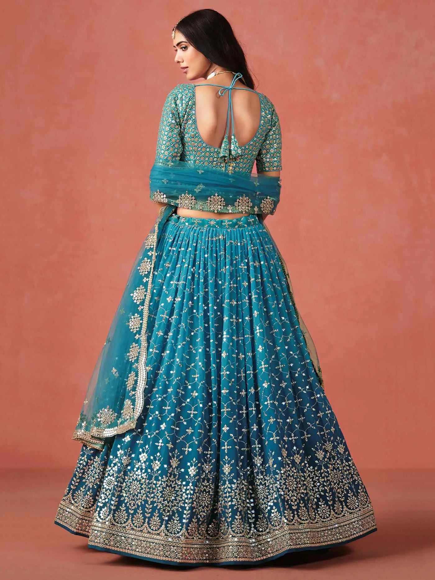 Rama Blue Georgette Lehenga With Zari Multiple Sequins Embroidery Work