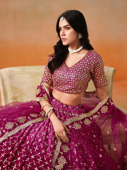 Red Pink Shade Georgette Lehenga With Zari Sequins Embroidery Work