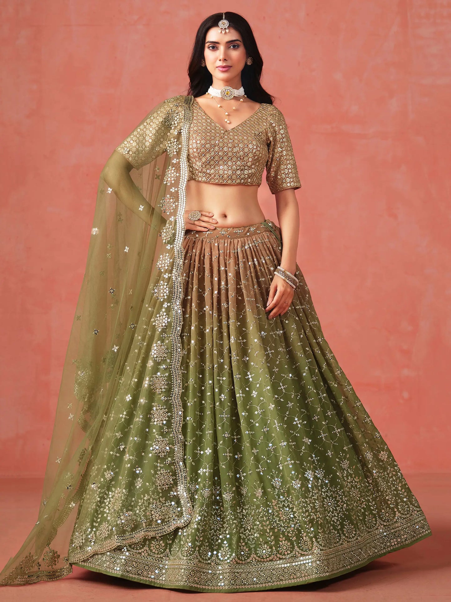 Mehndi Green Gradient Georgette Lehenga With Zari Sequins Embroidery Work