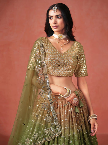 Mehndi Green Gradient Georgette Lehenga With Zari Sequins Embroidery Work