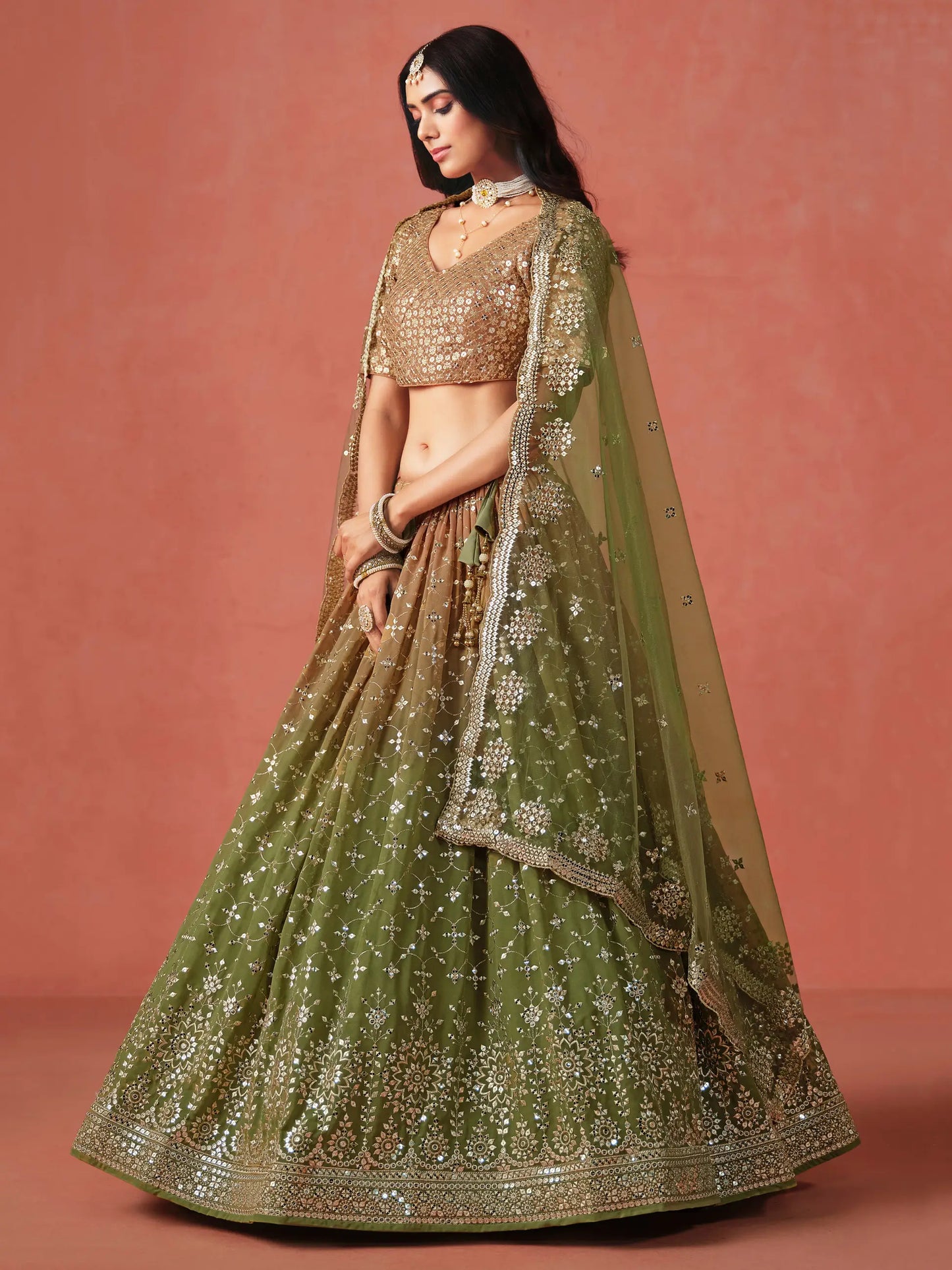 Mehndi Green Gradient Georgette Lehenga With Zari Sequins Embroidery Work