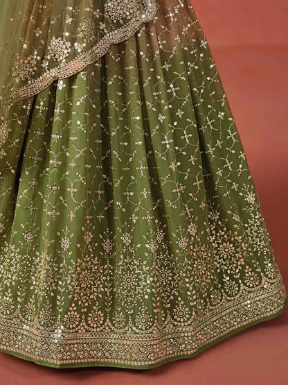 Mehndi Green Gradient Georgette Lehenga With Zari Sequins Embroidery Work