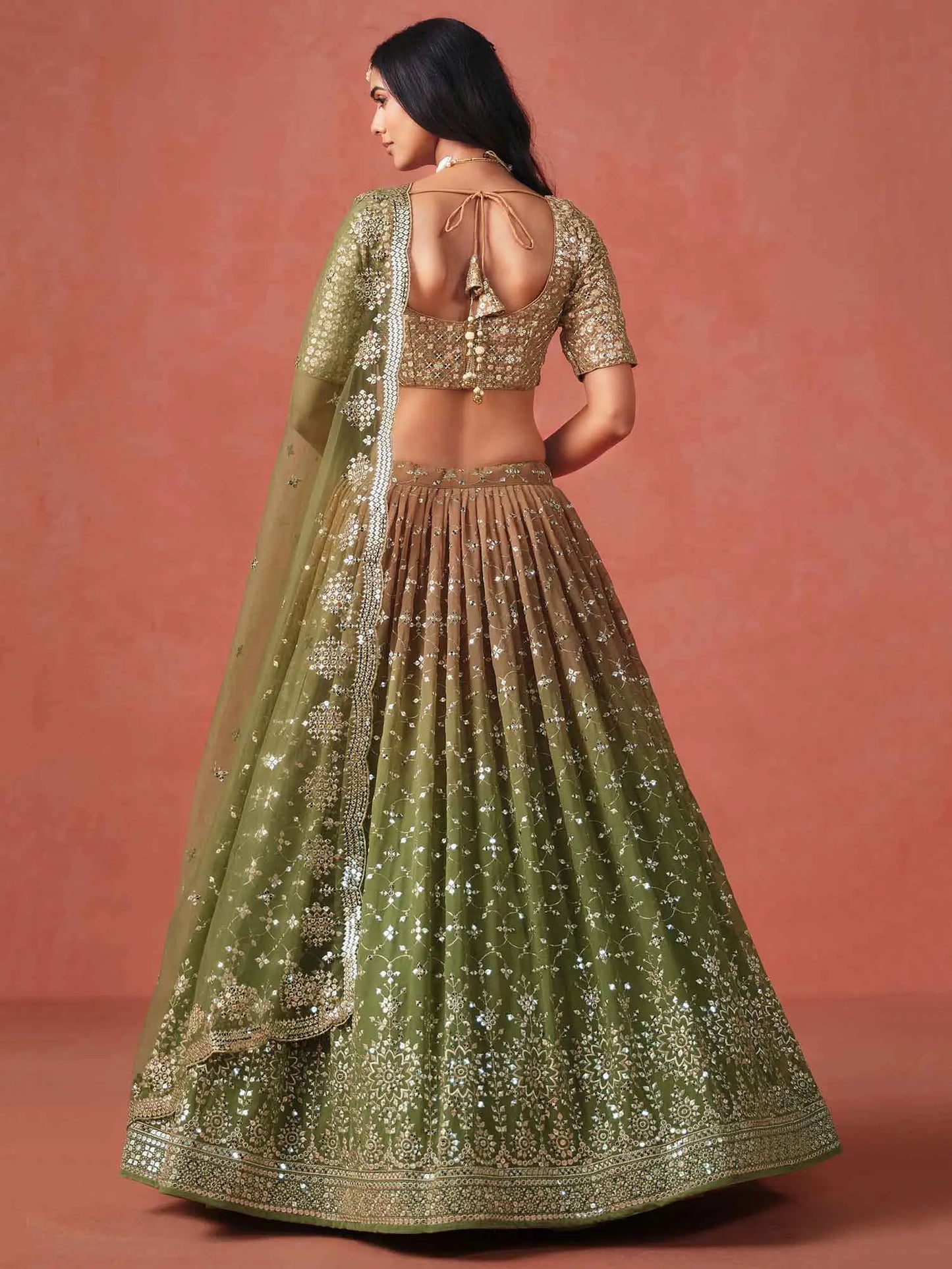 Mehndi Green Gradient Georgette Lehenga With Zari Sequins Embroidery Work