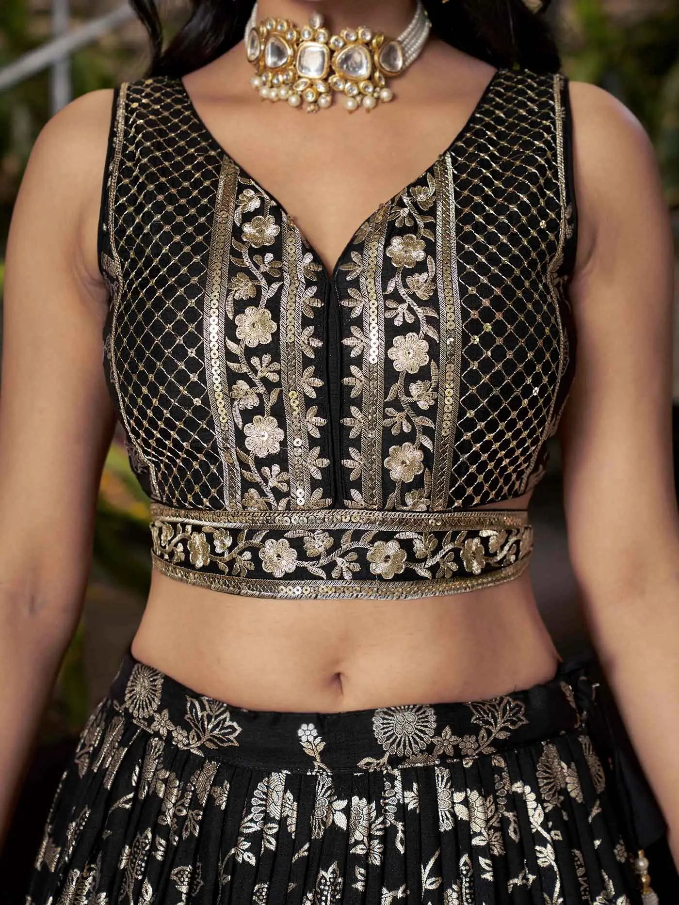 Designer Black Jacquard Lehenga With Zari Sequins Embroidery Work