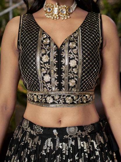 Designer Black Jacquard Lehenga With Zari Sequins Embroidery Work