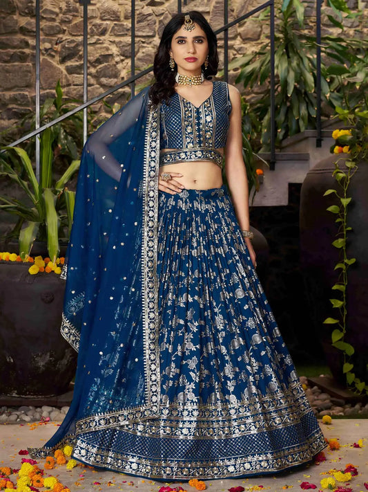 Dove Blue Jacquard Lehenga With Zari Sequins Embroidery Work