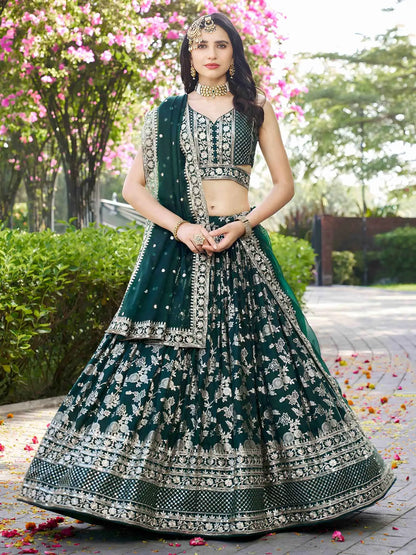 Designer Green Jacquard Lehenga With Zari Sequins Embroidery Work