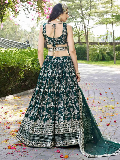 Designer Green Jacquard Lehenga With Zari Sequins Embroidery Work