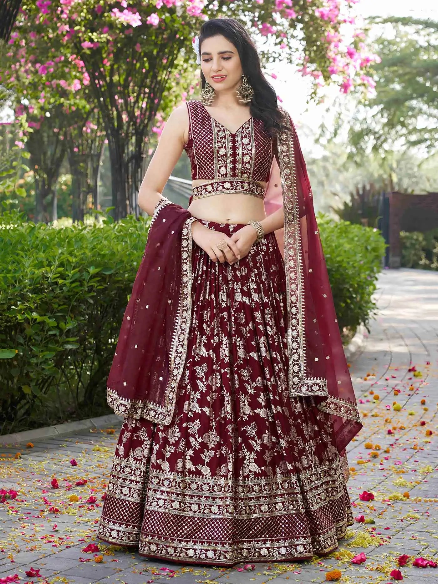 Designer Maroon Jacquard Lehenga With Zari Sequins Embroidery Work