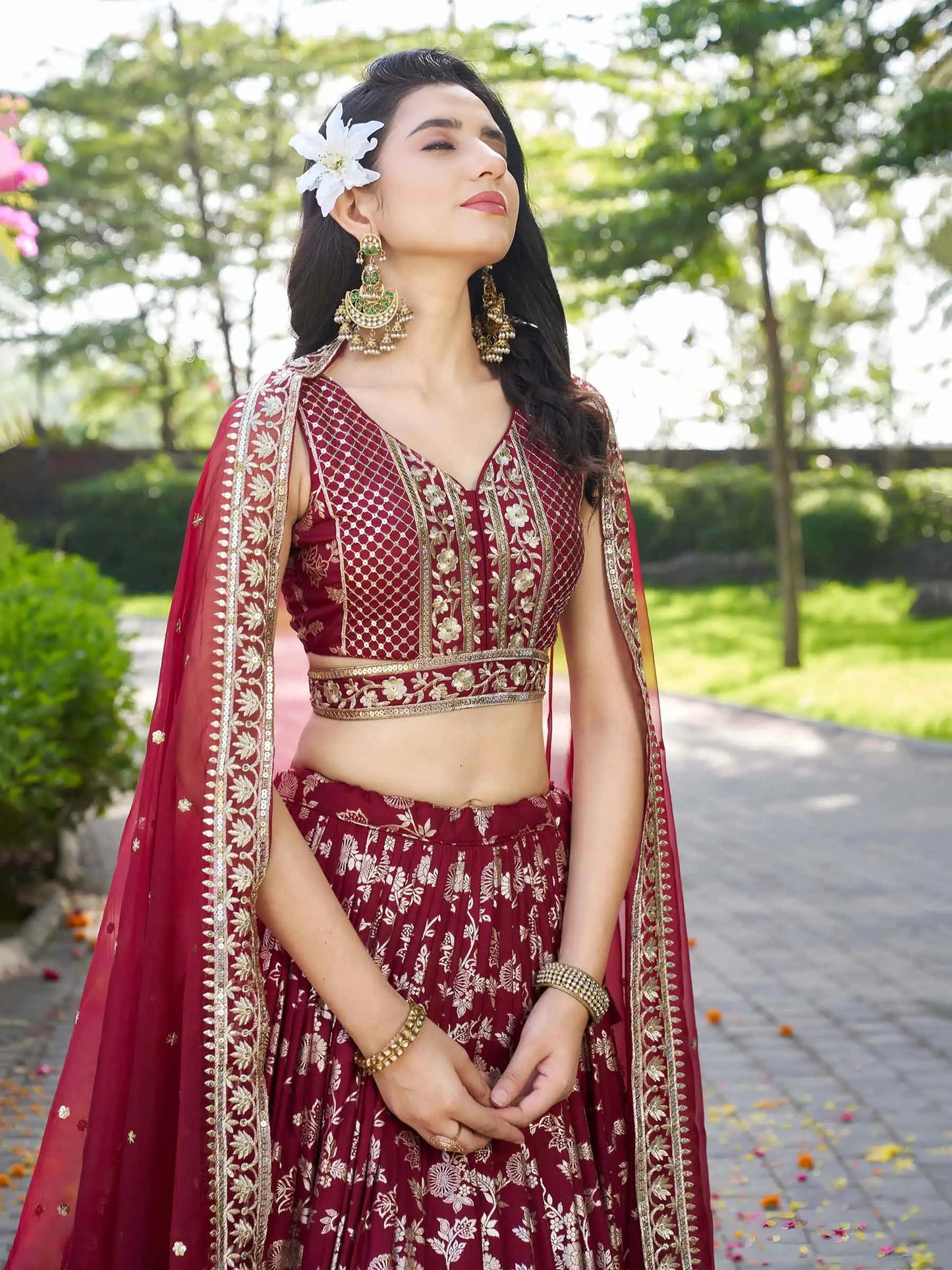 Designer Maroon Jacquard Lehenga With Zari Sequins Embroidery Work