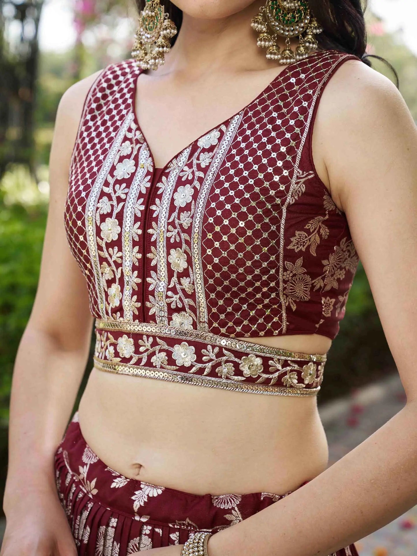 Designer Maroon Jacquard Lehenga With Zari Sequins Embroidery Work