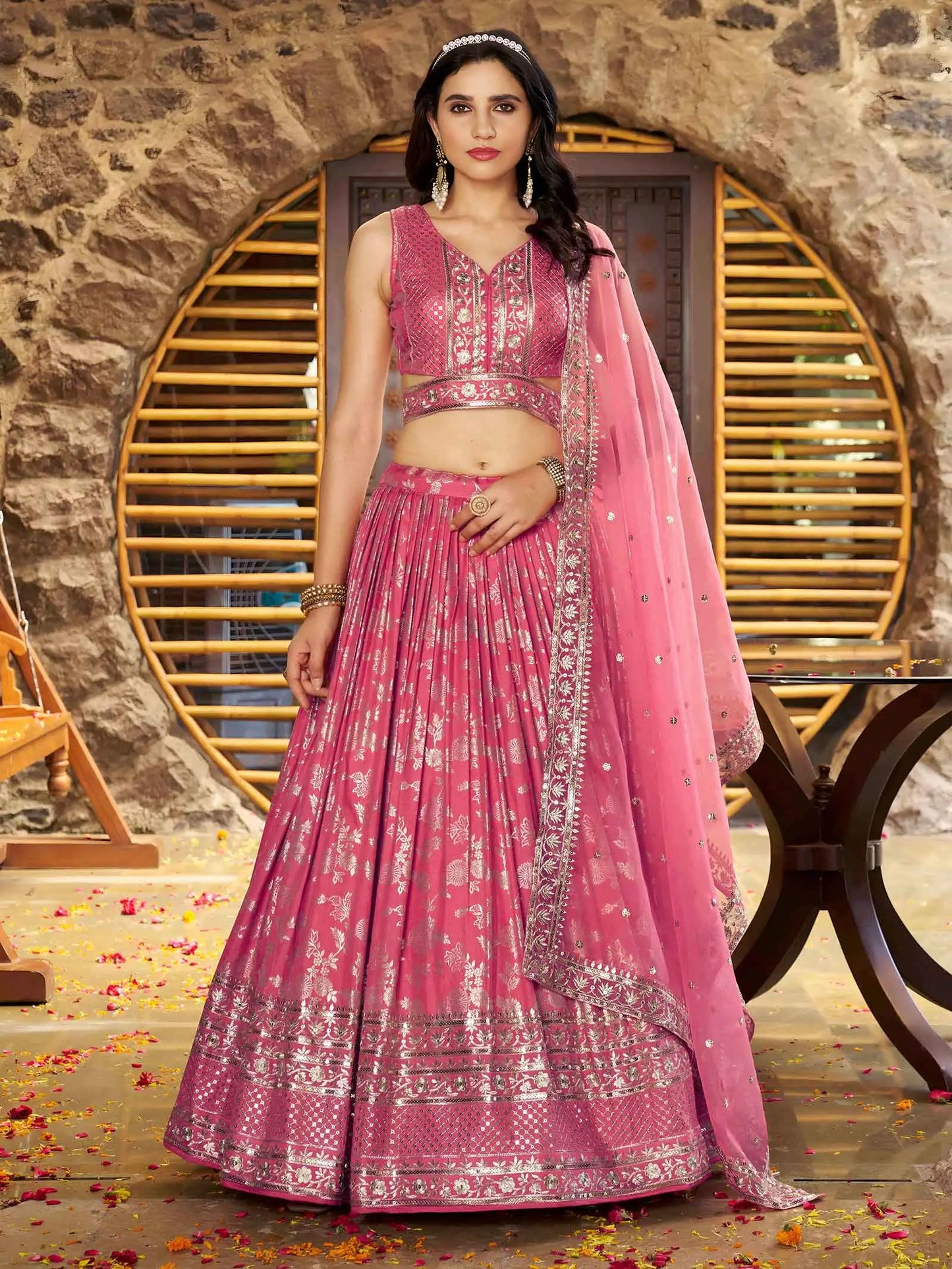 Designer Peach Jacquard Lehenga With Zari Sequins Embroidery Work