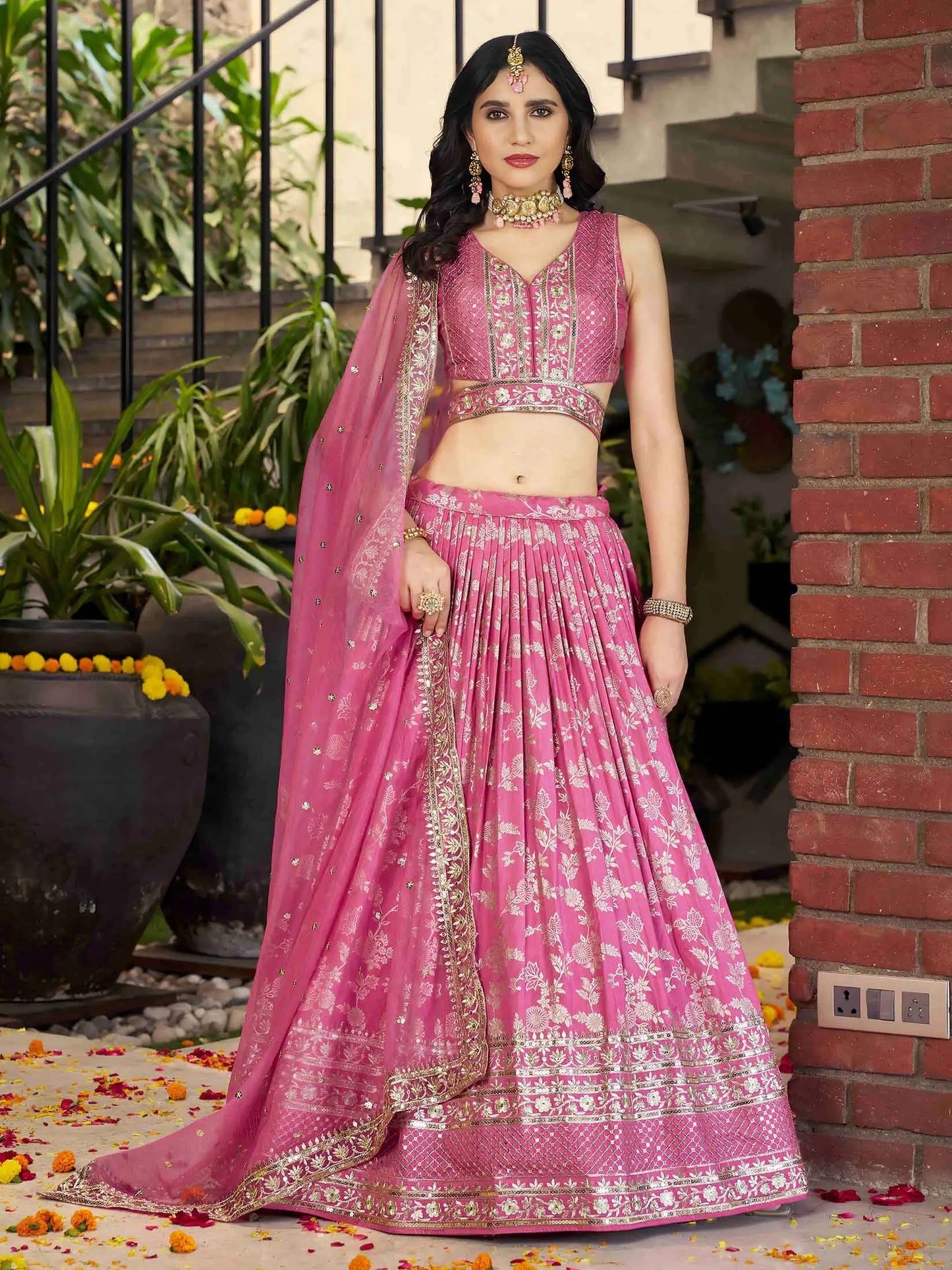 Designer Pink Jacquard Lehenga With Zari Sequins Embroidery Work