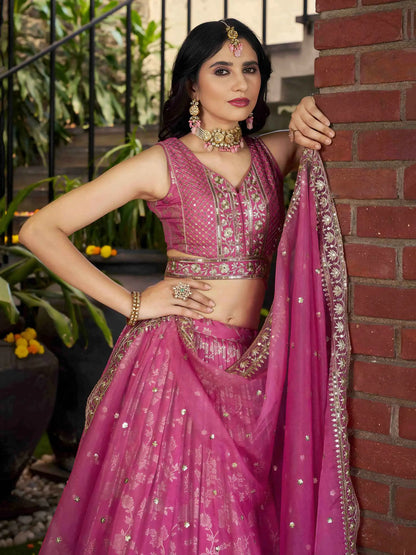 Designer Pink Jacquard Lehenga With Zari Sequins Embroidery Work