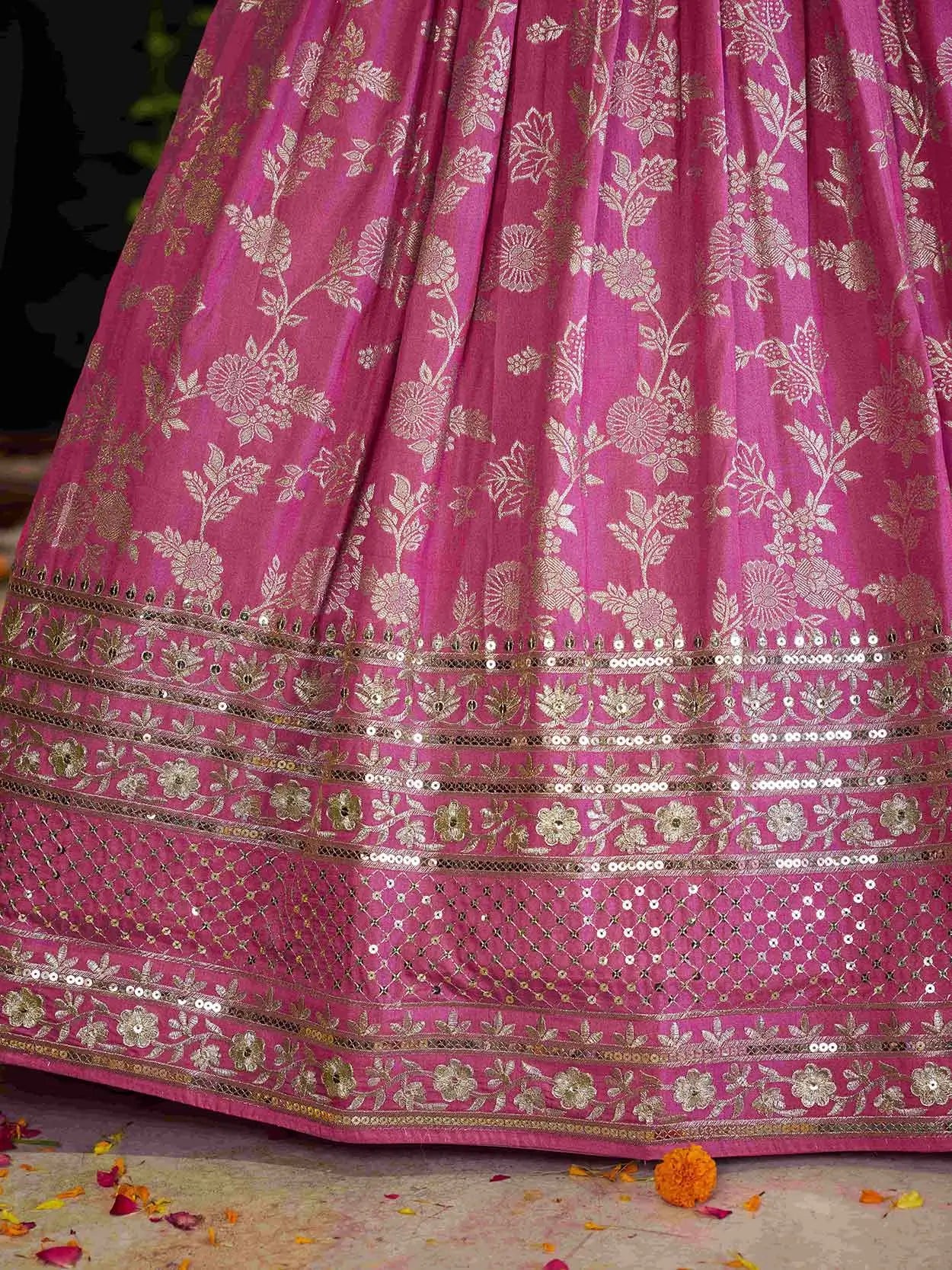 Designer Pink Jacquard Lehenga With Zari Sequins Embroidery Work