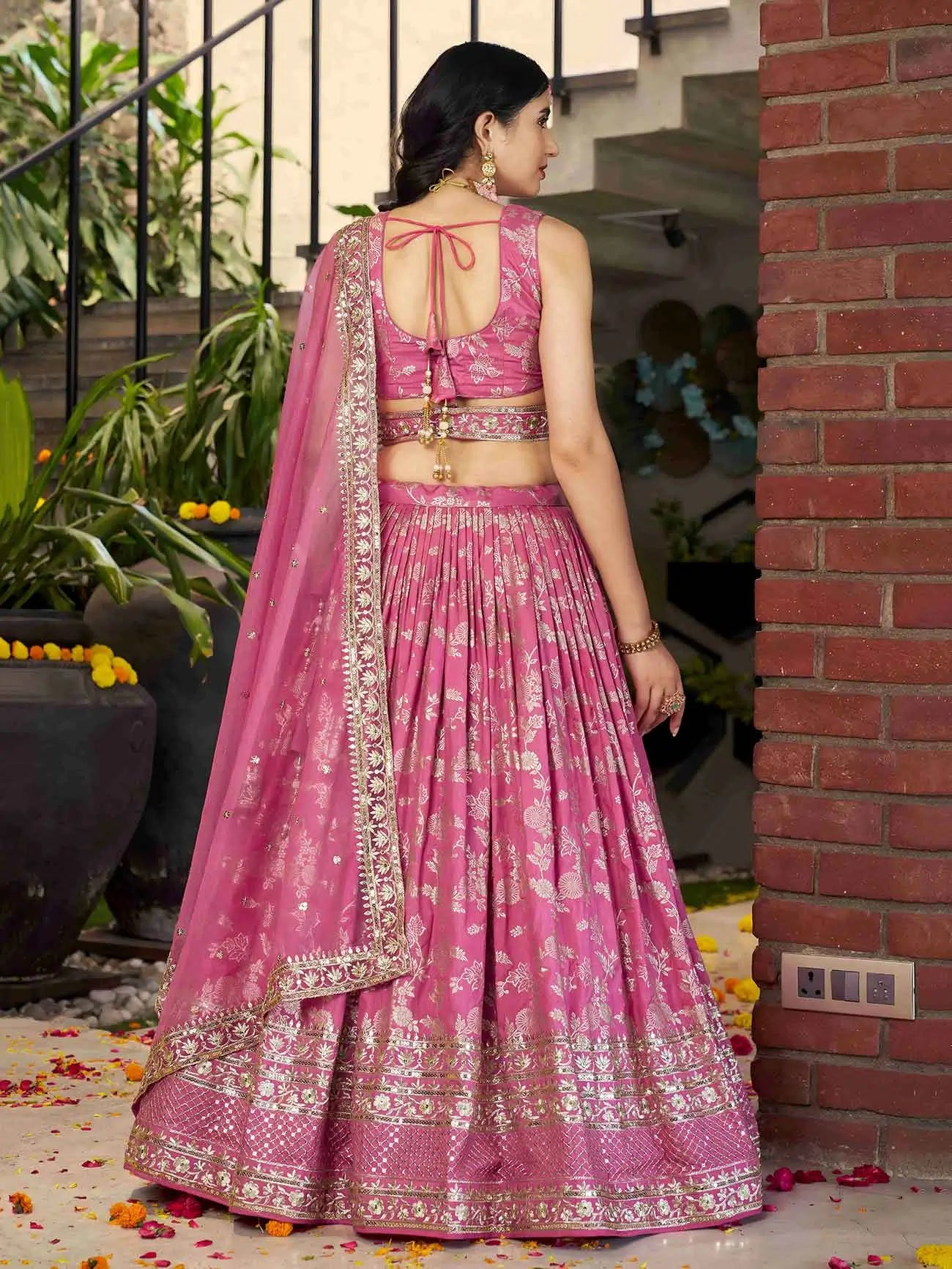Designer Pink Jacquard Lehenga With Zari Sequins Embroidery Work