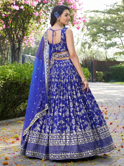 Royal Blue Jacquard Lehenga With Zari Sequins Embroidery Work