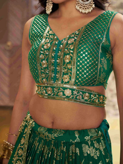 Teal Green Jacquard Lehenga With Zari Sequins Embroidery Work