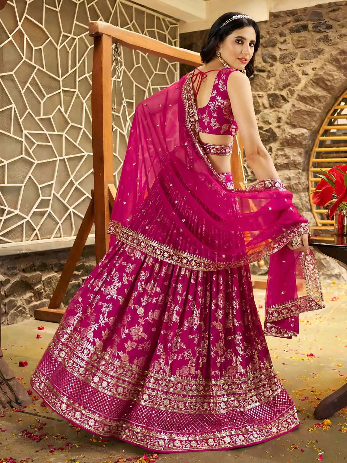 Rani Pink Jacquard Lehenga With Zari Sequins Embroidery Work