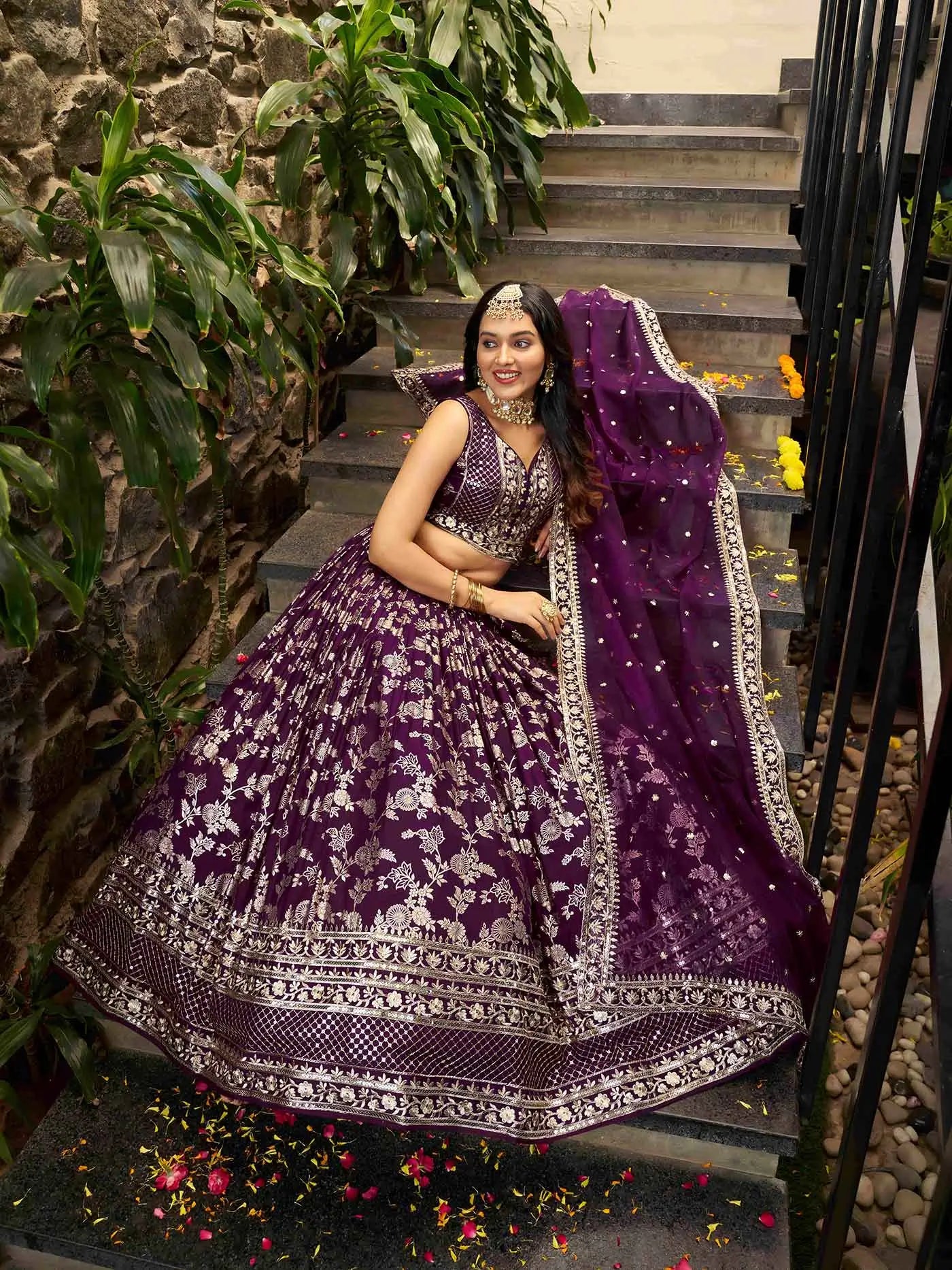 Designer Wine Jacquard Lehenga With Zari Sequins Embroidery Work