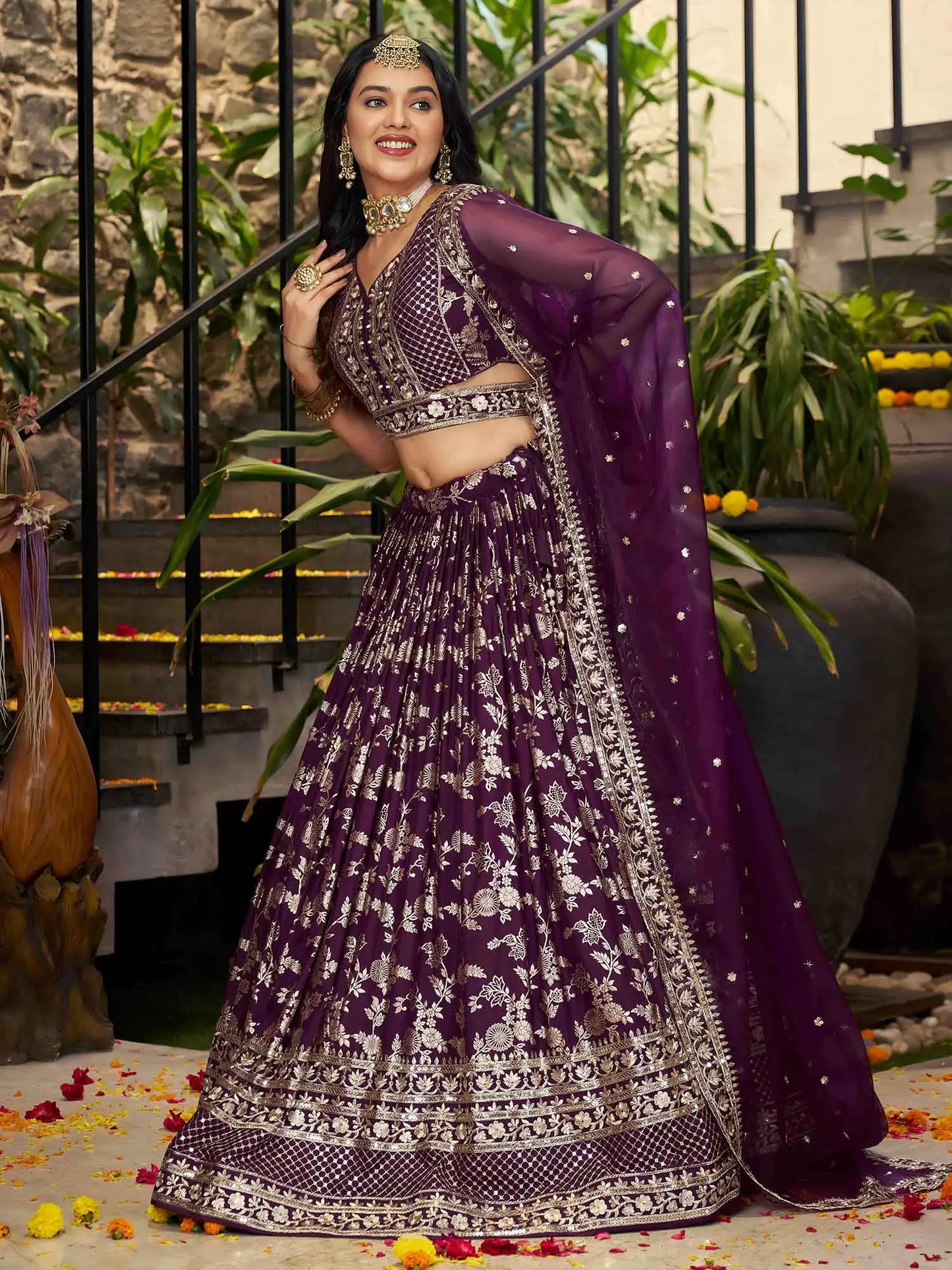 Designer Wine Jacquard Lehenga With Zari Sequins Embroidery Work