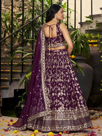 Designer Wine Jacquard Lehenga With Zari Sequins Embroidery Work