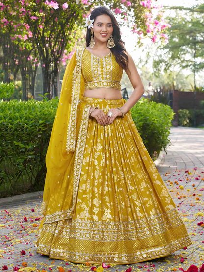 Yellow Jacquard Designer Lehenga With Zari Sequins Embroidery Work