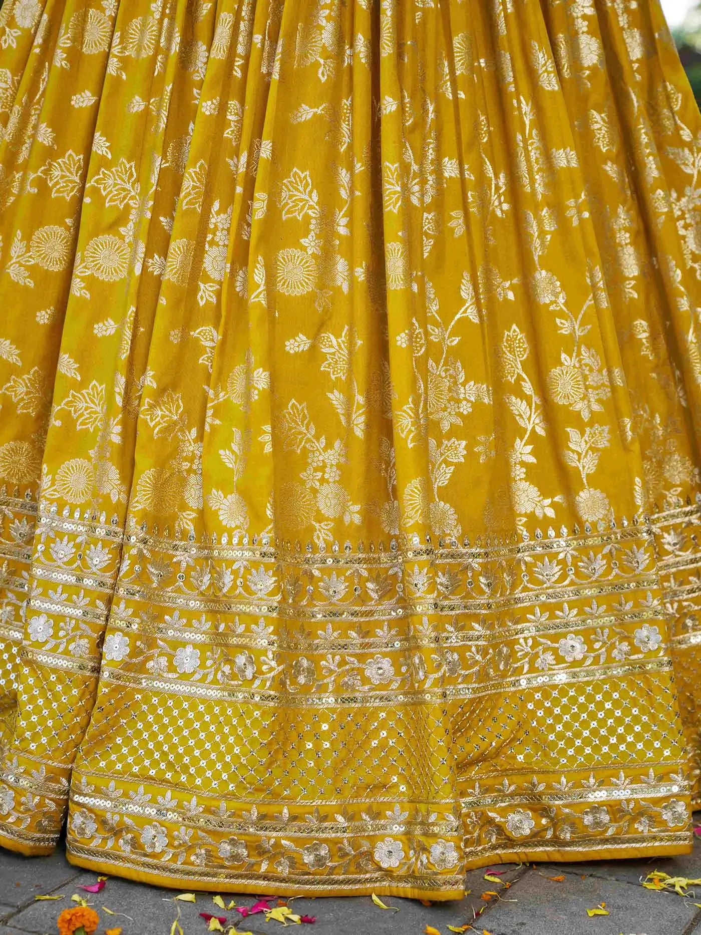 Yellow Jacquard Designer Lehenga With Zari Sequins Embroidery Work