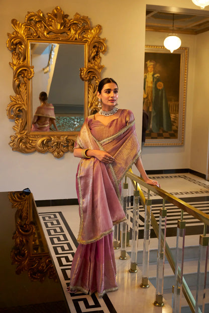 Light Pink Shimmer Tissue Saree With Zari Weaving Work & Sequins Lace Border