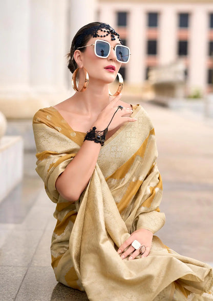 Yellow Cotton Linen Silk Saree with Zigzag Zari Border & Weaving Work