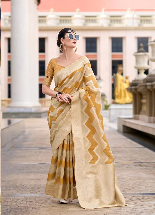 Yellow Cotton Linen Silk Saree with Zigzag Zari Border & Weaving Work