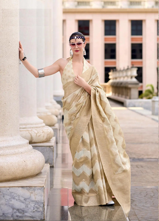 Beige Cotton Linen Silk Saree with Zigzag Zari Border & Weaving Work