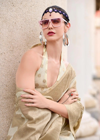 Beige Cotton Linen Silk Saree with Zigzag Zari Border & Weaving Work