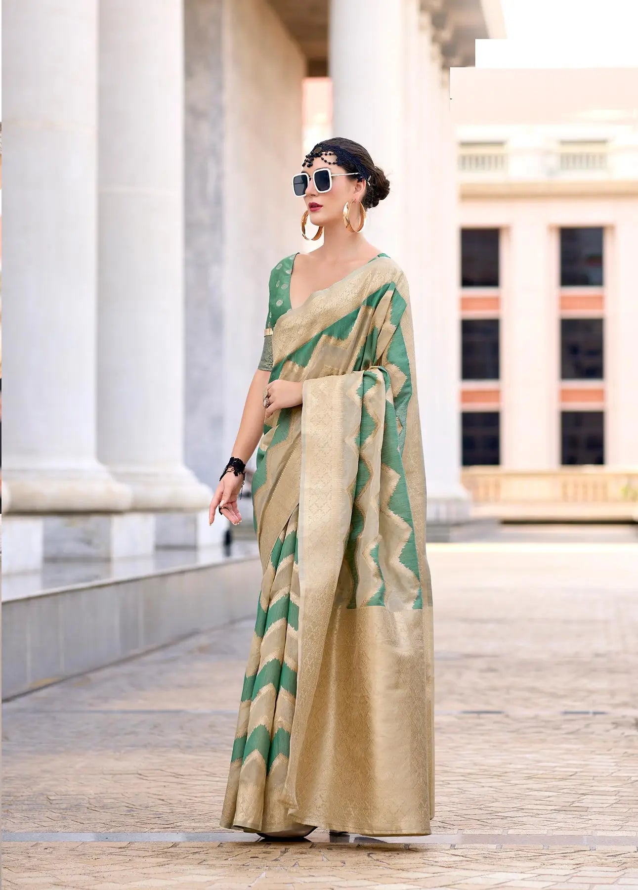 Teal Green Cotton Linen Silk Saree with Zigzag Zari Border & Weaving Work