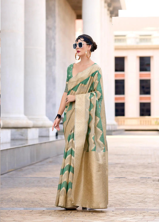 Teal Green Cotton Linen Silk Saree with Zigzag Zari Border & Weaving Work
