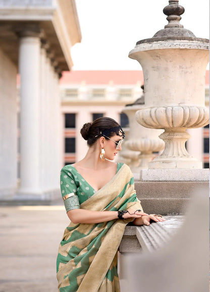 Teal Green Cotton Linen Silk Saree with Zigzag Zari Border & Weaving Work