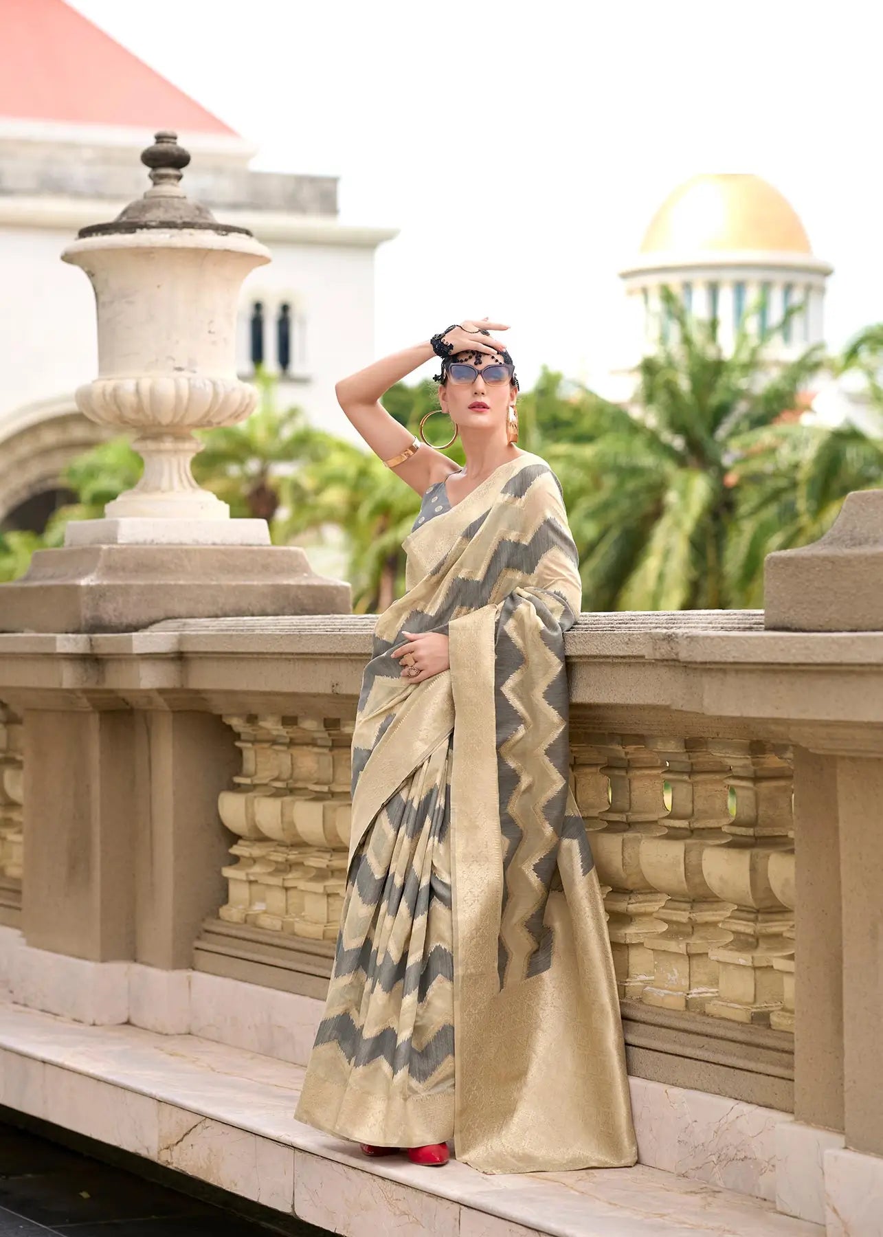 Grey Cotton Linen Silk Saree with Zigzag Zari Border & Weaving Work