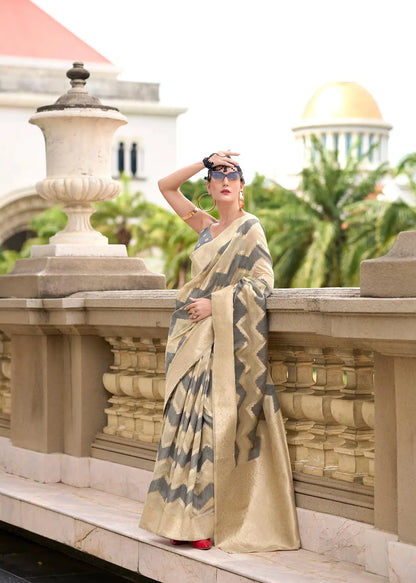 Grey Cotton Linen Silk Saree with Zigzag Zari Border & Weaving Work