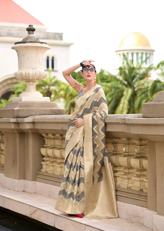 Grey Cotton Linen Silk Saree with Zigzag Zari Border & Weaving Work