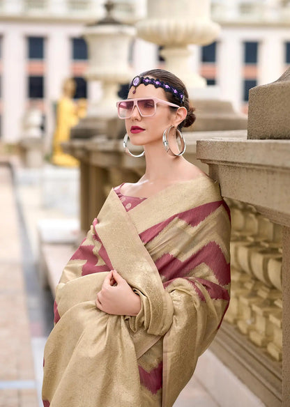 Peach Cotton Linen Silk Saree with Zigzag Zari Border & Weaving Work
