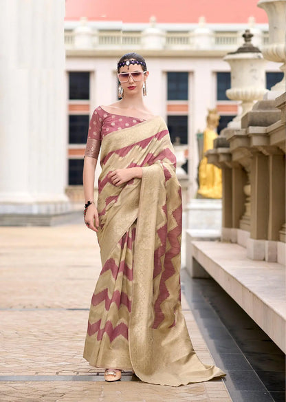Peach Cotton Linen Silk Saree with Zigzag Zari Border & Weaving Work