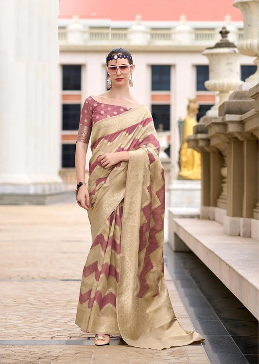 Peach Cotton Linen Silk Saree with Zigzag Zari Border & Weaving Work