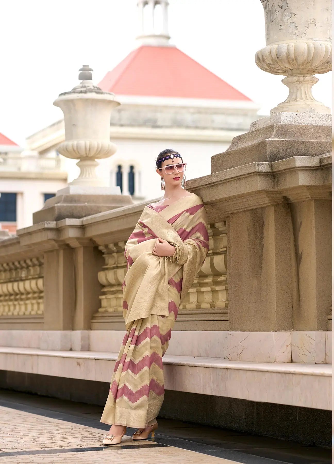 Peach Cotton Linen Silk Saree with Zigzag Zari Border & Weaving Work