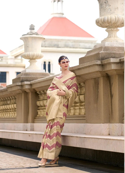 Peach Cotton Linen Silk Saree with Zigzag Zari Border & Weaving Work