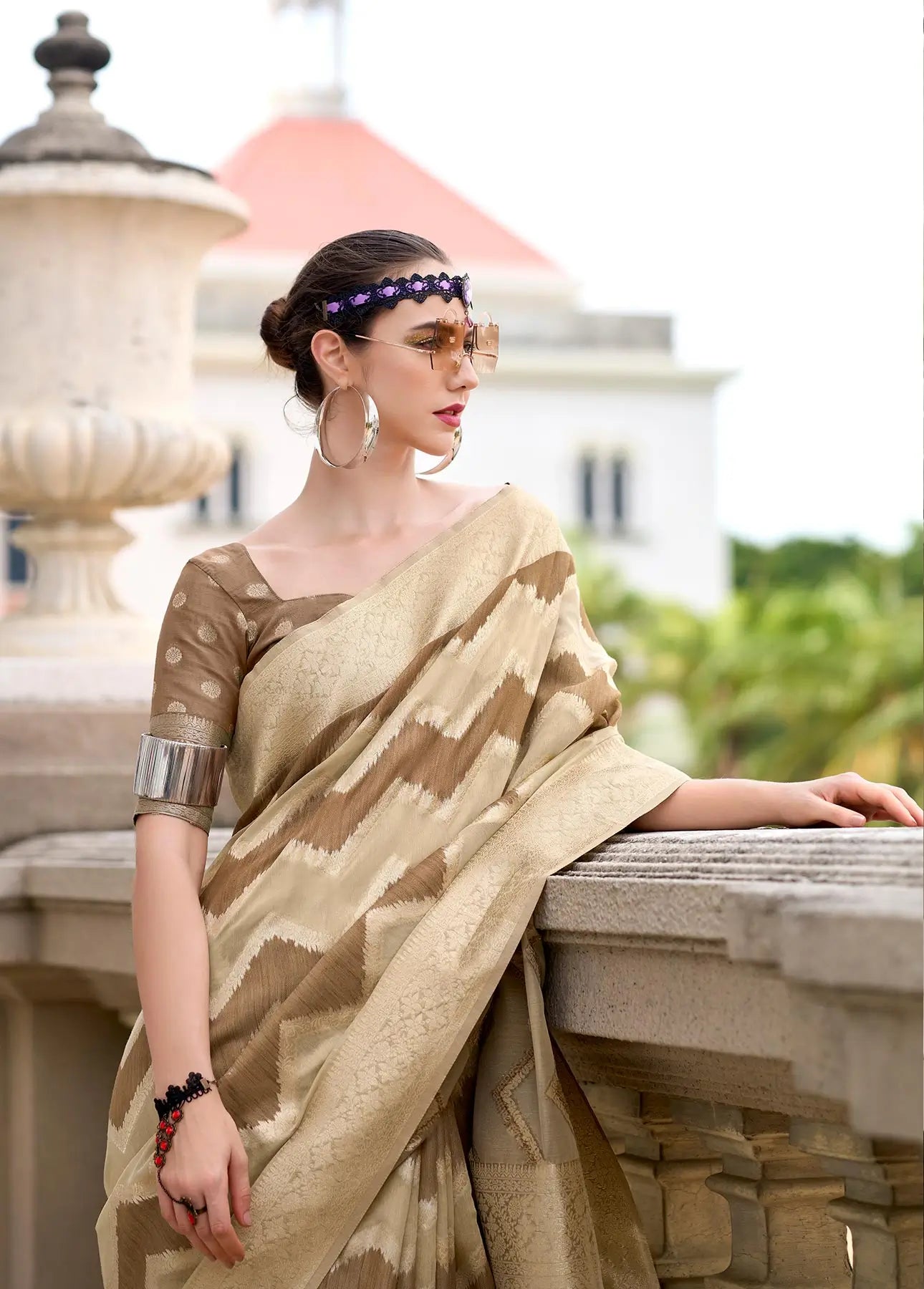 Dark Brown Cotton Linen Silk Saree with Zigzag Zari Border & Weaving Work