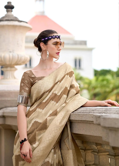 Dark Brown Cotton Linen Silk Saree with Zigzag Zari Border & Weaving Work