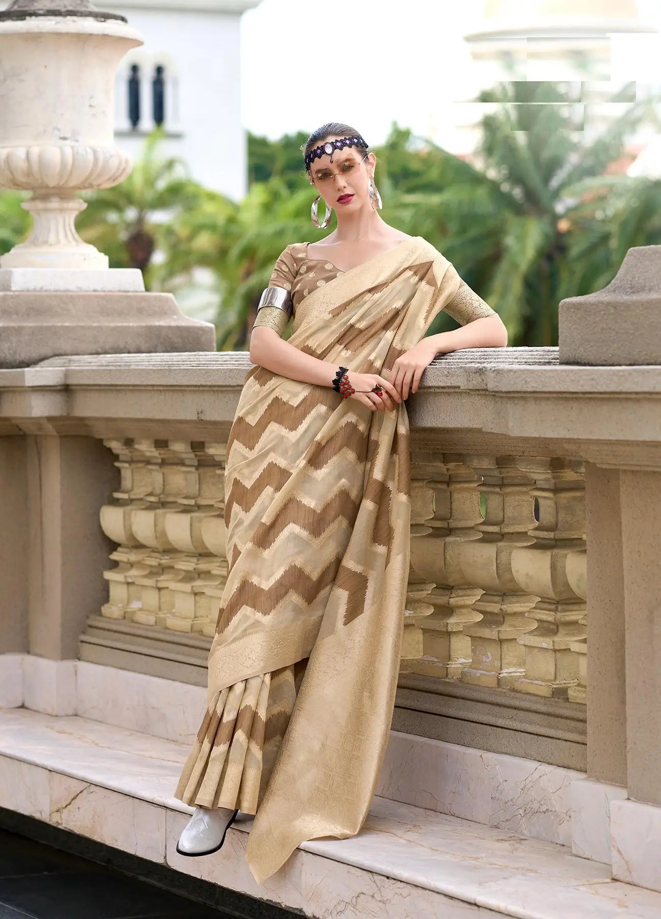 Dark Brown Cotton Linen Silk Saree with Zigzag Zari Border & Weaving Work